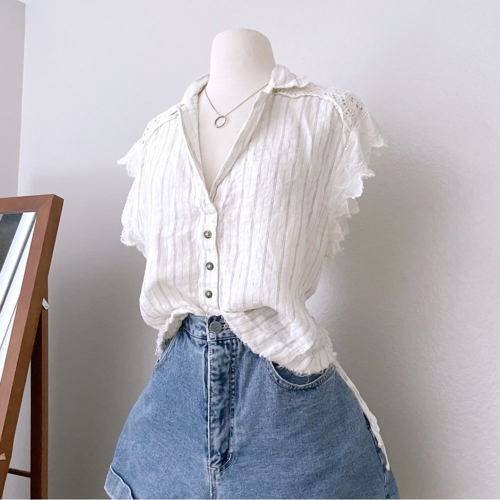Linen Oversized White Button Front Top